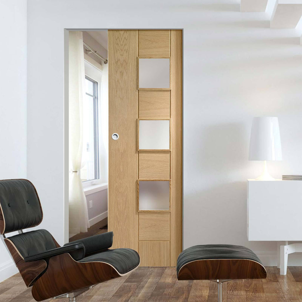 Bespoke Messina Oak Glazed Single Frameless Pocket Door - Prefinished