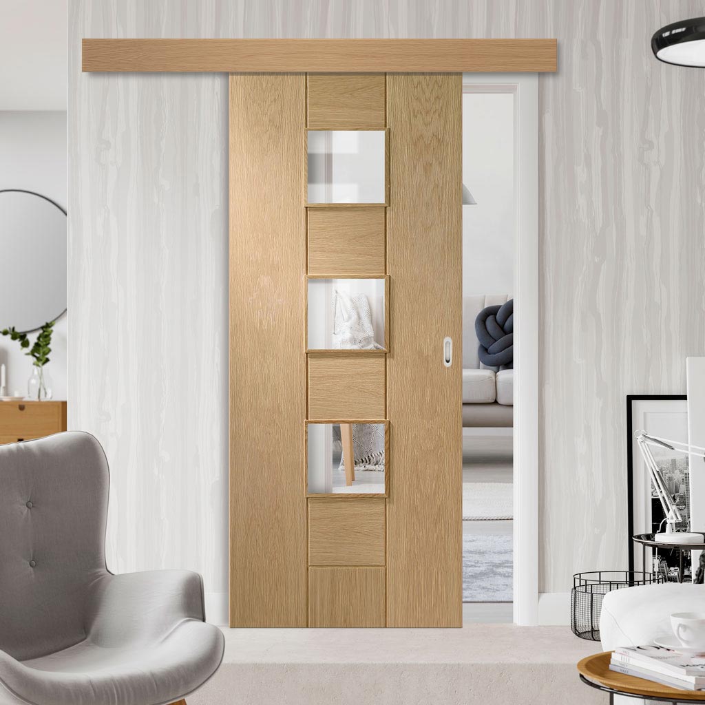 Single Sliding Door & Wall Track - Messina Oak Door - Clear Glass - Prefinished