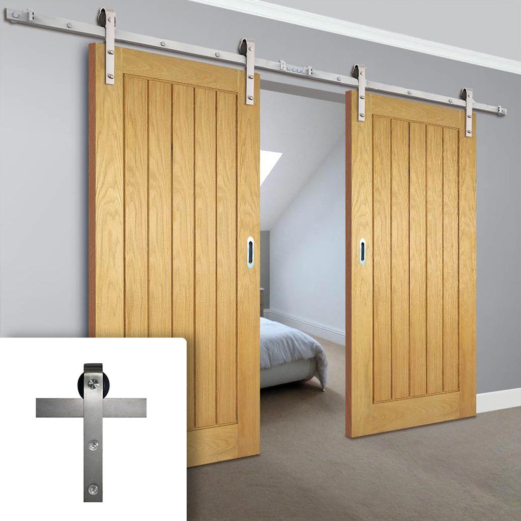 Double Sliding Door & Stainless Steel Barn Track - Mexicano Oak Doors - Prefinished