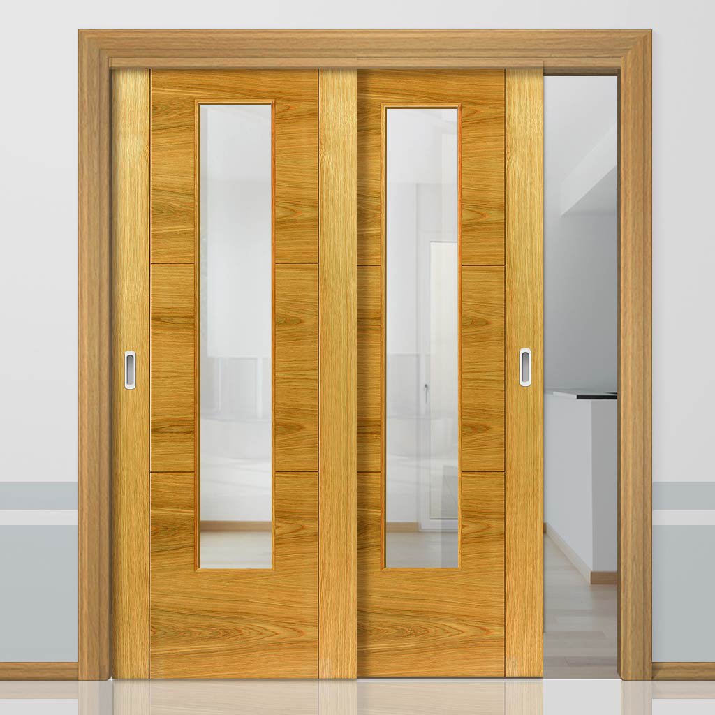 Two Sliding Doors and Frame Kit - Mistral Flush Oak Door - Decor Grooves - Clear Glass - Prefinished