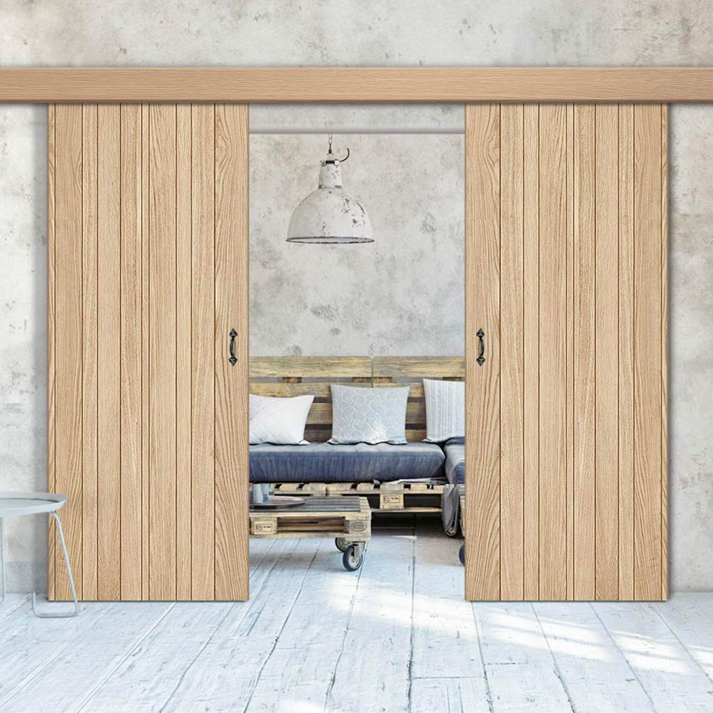 Double Sliding Door & Wall Track - Montreal Oak Flush Internal Door - Prefinished