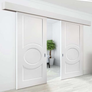 Image: Double Sliding Door & Wall Track - Montpellier 3 Panel Doors - White Primed