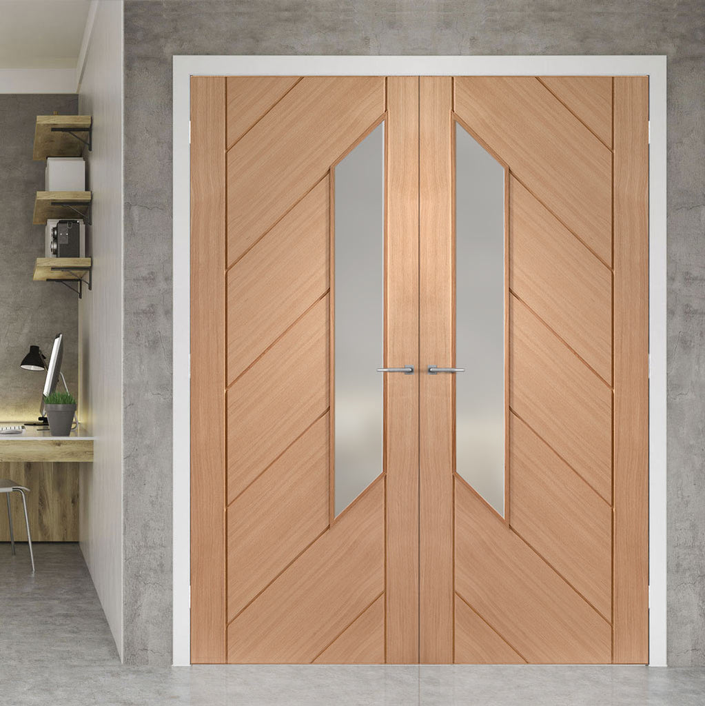 Monza Oak Internal Door Pair Glazed - Frosted Glass