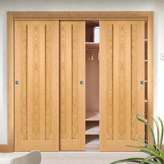 Image: Three Sliding Wardrobe Doors & Frame Kit - Idaho 3 Panel Oak Door - Unfinished