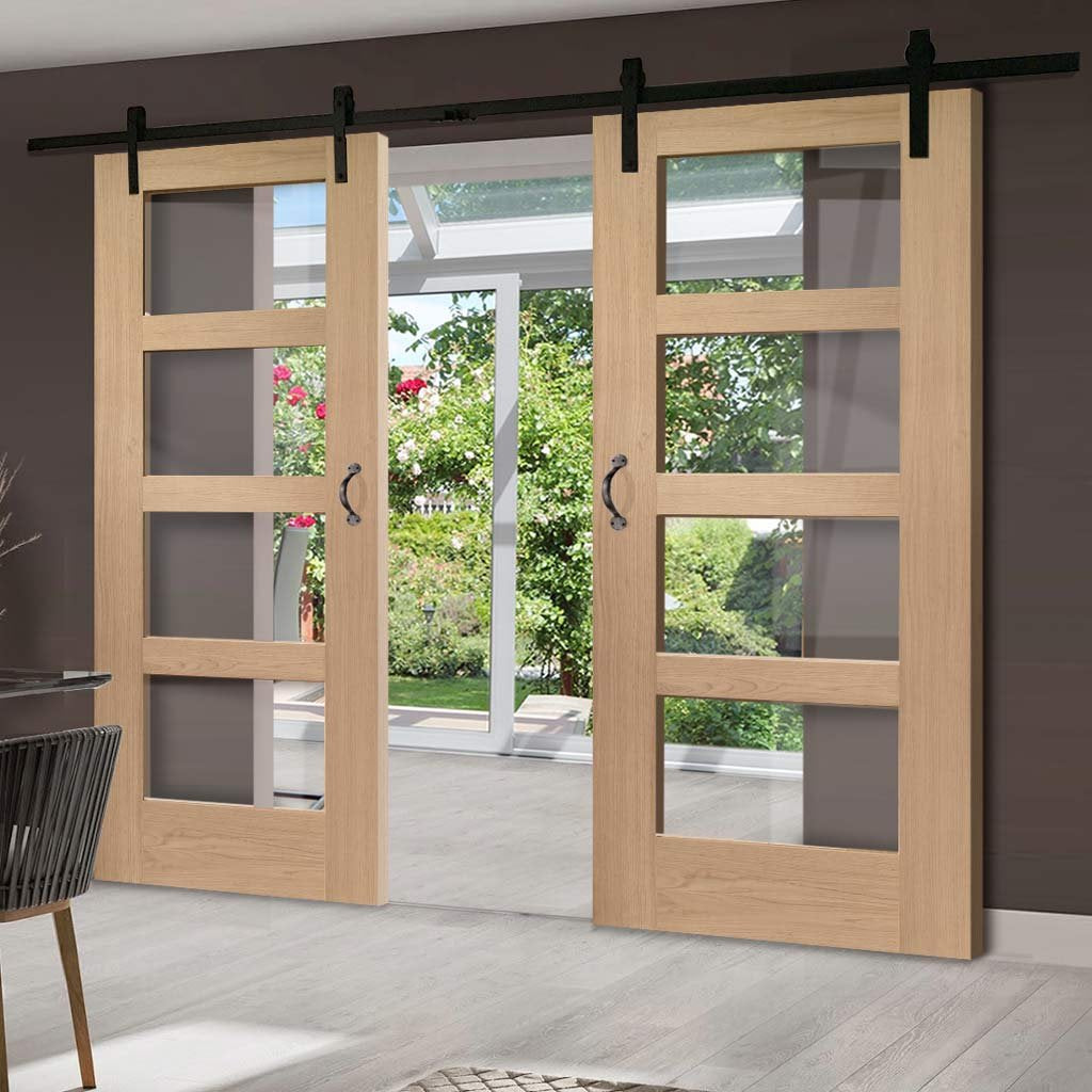 Double Sliding Door And Black Barn Track Shaker Oak 4 Pane Doors Cle