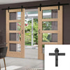 Double Sliding Door & Black Barn Track - Shaker Oak 4 Pane Doors - Clear Glass - Prefinished