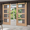 Double Sliding Door & Track - Shaker Oak 4 Pane Doors - Clear Glass - Prefinished