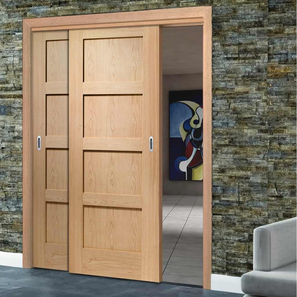 Pass-Easi Two Sliding Doors and Frame Kit - Shaker Oak 4 Panel Door - Prefinished