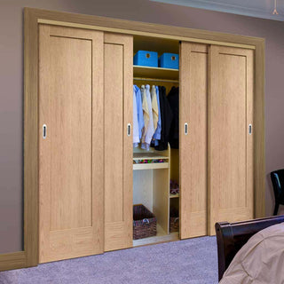 Image: Four Sliding Wardrobe Doors & Frame Kit - Pattern 10 Oak 1 Panel Door - Unfinished