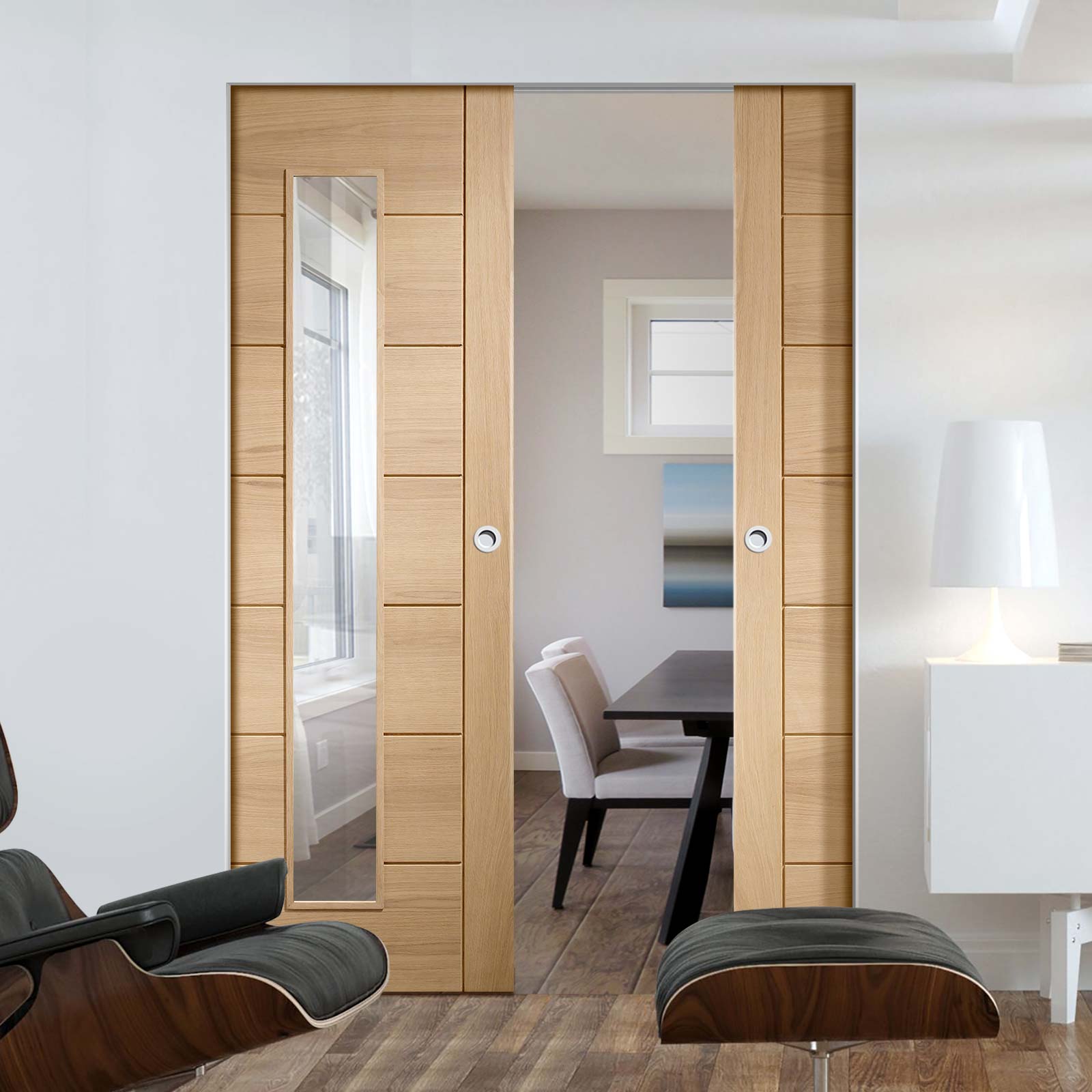 Palermo Oak Absolute Evokit Double Pocket Door Clear Glass Prefini