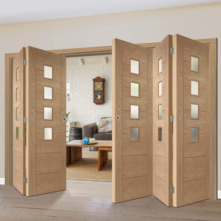 Image: Bespoke Thrufold Palermo Oak 4 Pane Glazed Folding 3+2 Door