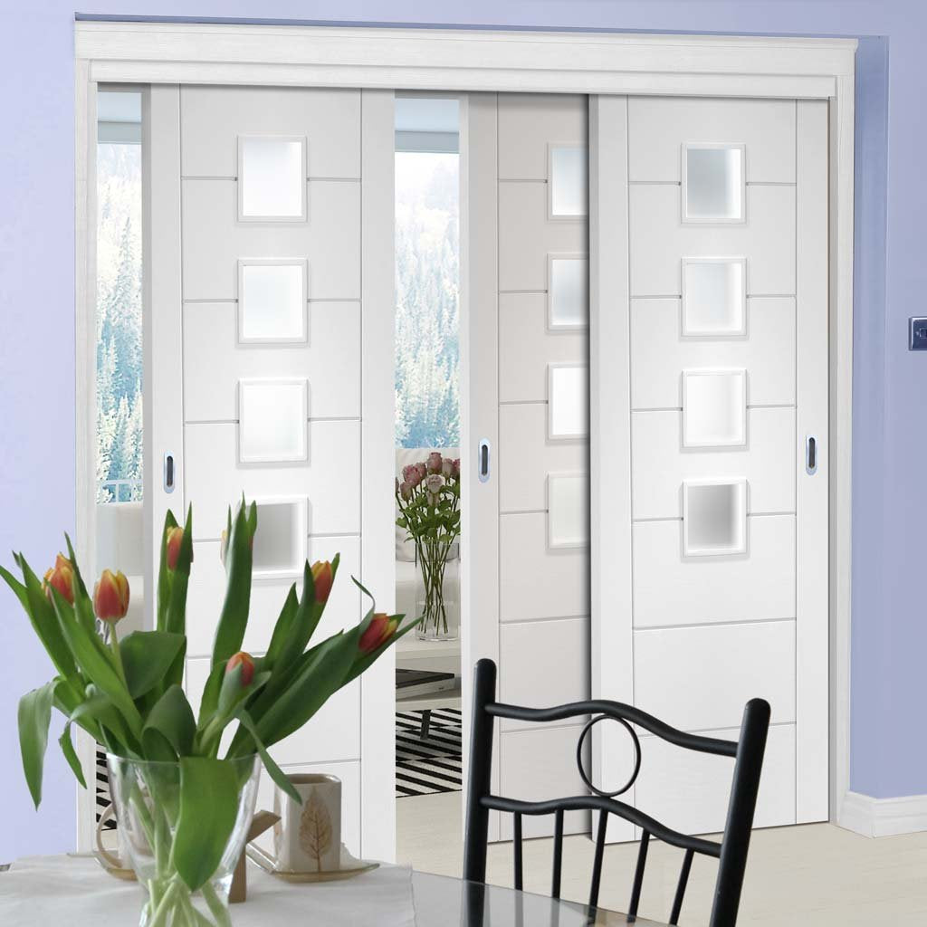 Three Sliding Doors and Frame Kit - Palermo Door - Obscure Glass - White Primed