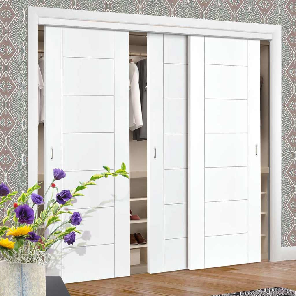 Three Sliding Wardrobe Doors & Frame Kit - Palermo Flush Door - White Primed