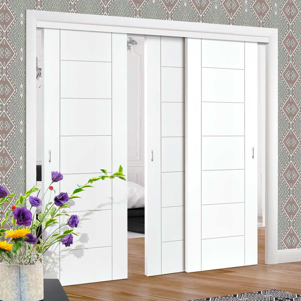 Bespoke Thruslide Palermo Flush - 3 Sliding Doors and Frame Kit - White Primed