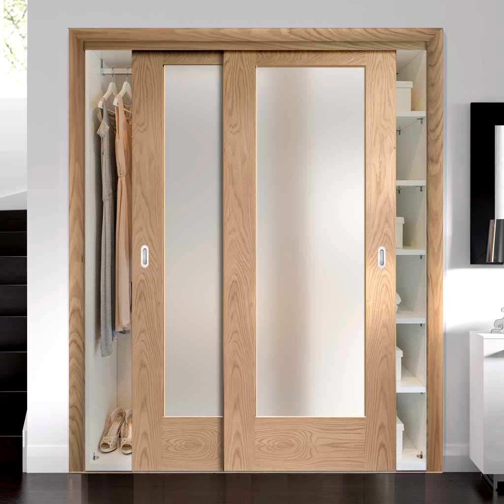 Two Sliding Wardrobe Doors & Frame Kit - Pattern 10 Oak Shaker Door - Obscure Glass - Prefinished