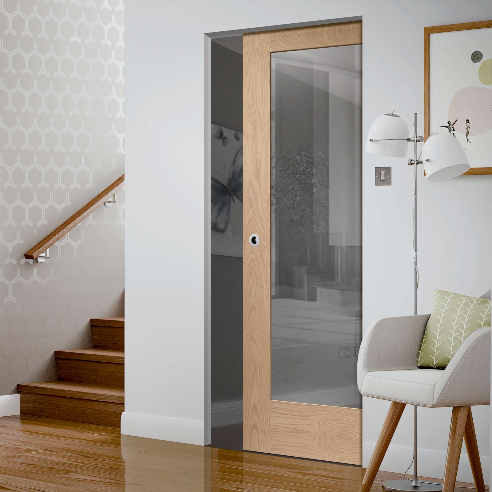 Pattern 10 Oak 1 Pane Absolute Evokit Pocket Door - Clear Glass