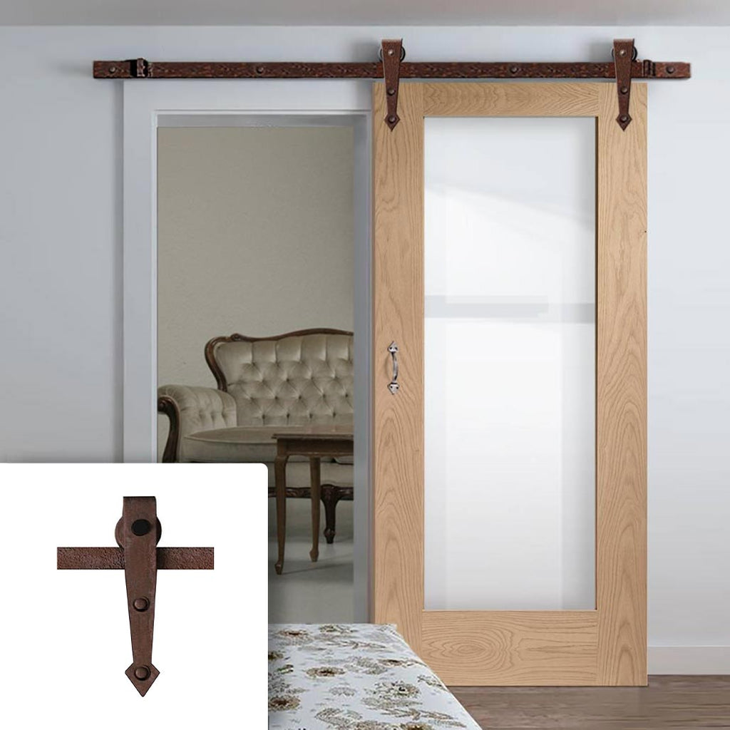 Single Sliding Door & Arrowhead Antique Rust Track - Pattern 10 Oak Door - Clear Glass - Prefinished