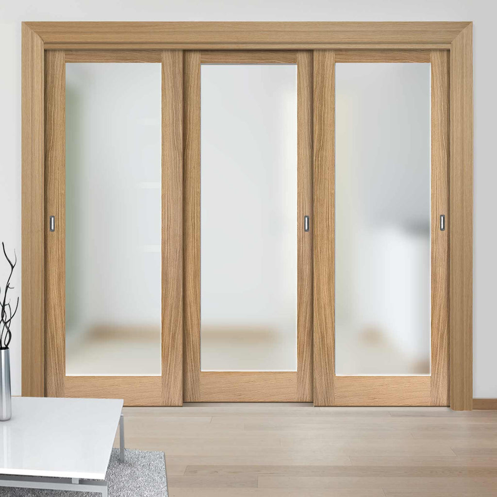 Three Sliding Doors and Frame Kit - Pattern 10 Oak Door - Frosted Glass - Unfinished