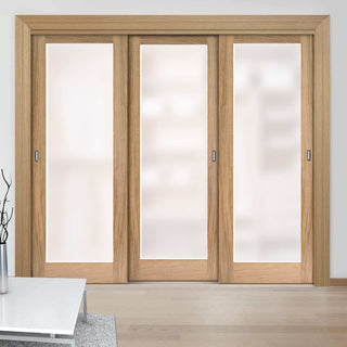 Image: Three Sliding Wardrobe Doors & Frame Kit - Pattern 10 Oak Door - Frosted Glass - Unfinished