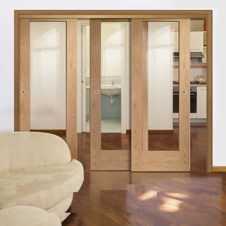 Image: Three Sliding Doors and Frame Kit - Pattern 10 Oak 1 Pane Door - Clear Glass - Prefinished