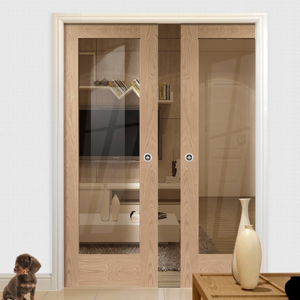 Pattern 10 Oak 1 Pane Double Evokit Pocket Doors - Clear Glass