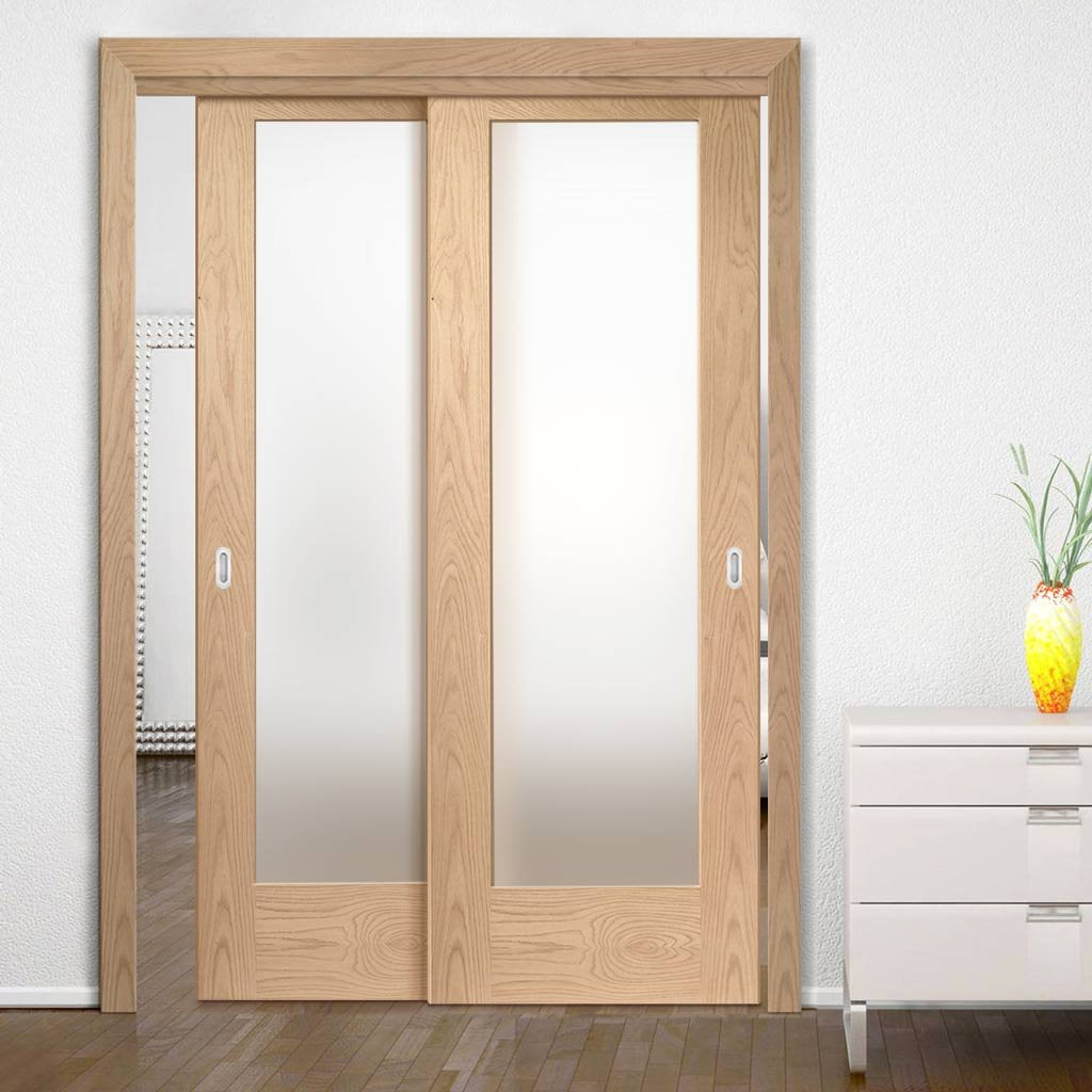 Two Sliding Doors and Frame Kit - Pattern 10 Shaker Oak Door - Obscure Glass - Unfinished