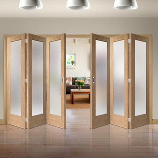 Image: Six Folding Doors & Frame Kit - Pattern 10 Shaker Oak 3+3 - Obscure Glass - Unfinished