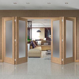 Image: Four Folding Doors & Frame Kit - Pattern 10 Shaker Oak 2+2 - Obscure Glass - Unfinished