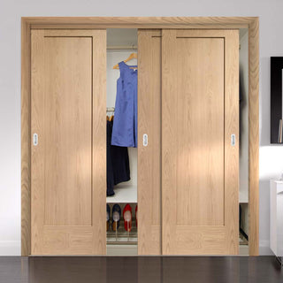 Image: Three Sliding Wardrobe Doors & Frame Kit - Pattern 10 Oak 1 Panel Door - Prefinished