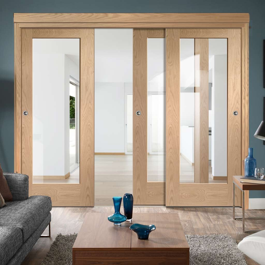 Bespoke Thruslide Pattern 10 1 Pane Shaker Oak Glazed - 3 Sliding Doors and Frame Kit