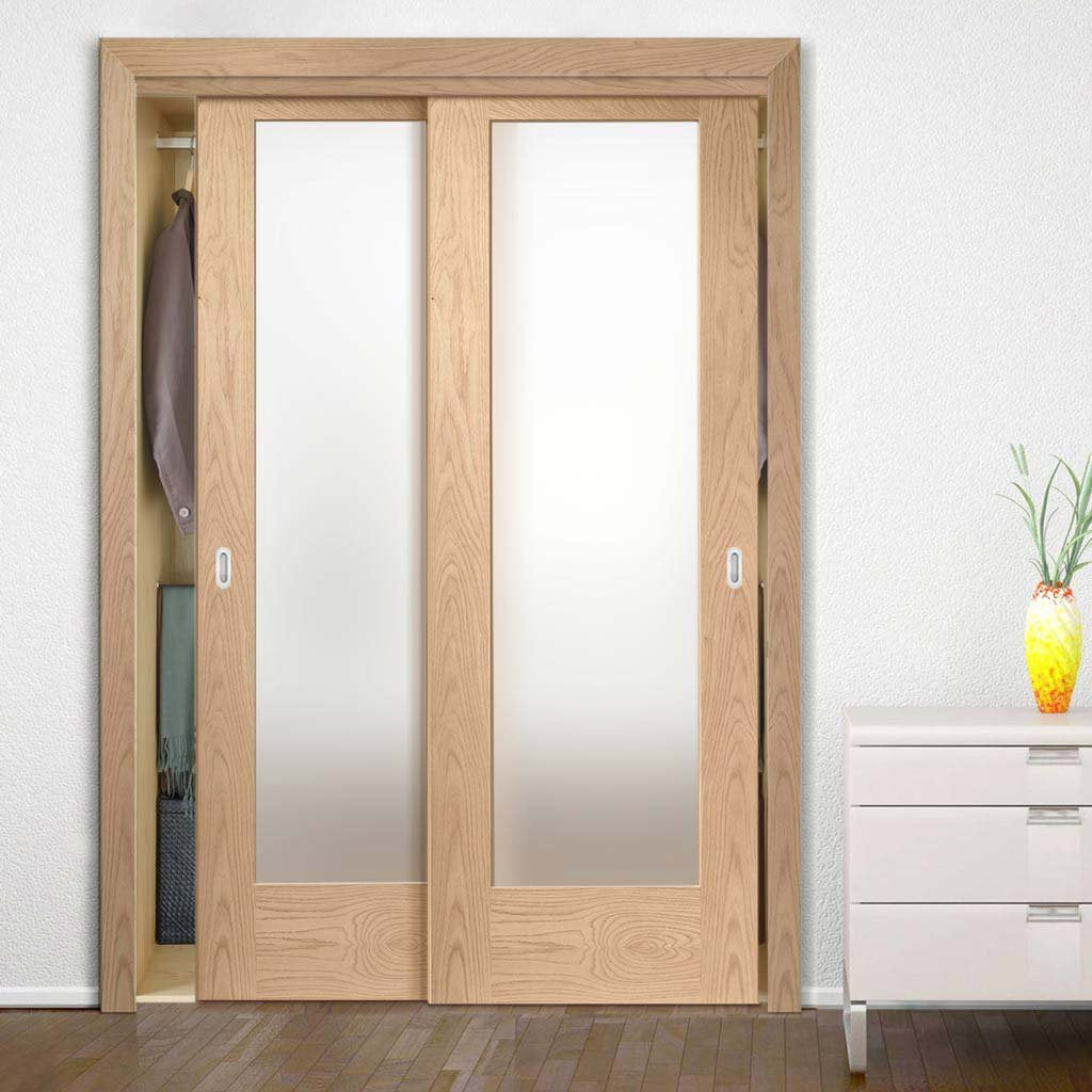 Two Sliding Wardrobe Doors & Frame Kit - Pattern 10 Shaker Oak Door - Obscure Glass - Unfinished