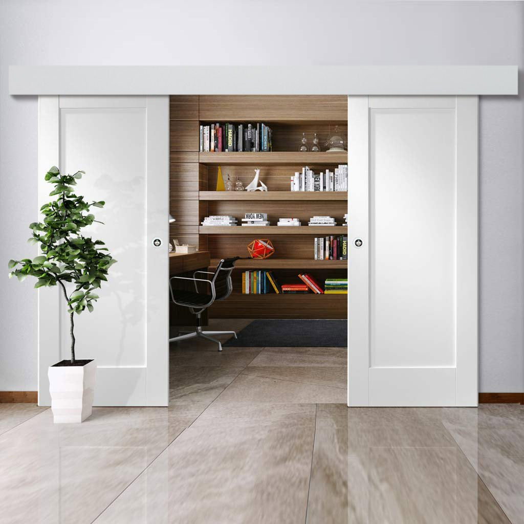 Double Sliding Door & Wall Track - Pattern 10 Style 1 Panel Doors - White Primed