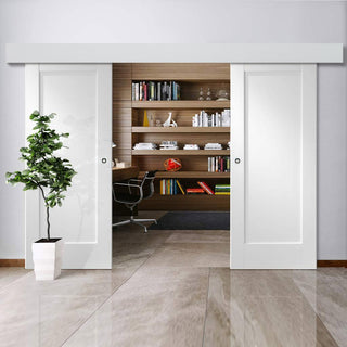 Image: Double Sliding Door & Wall Track - Pattern 10 Style 1 Panel Doors - White Primed