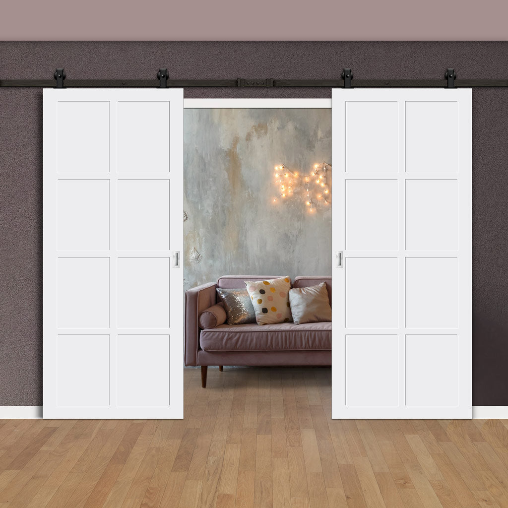 Top Mounted Black Sliding Track & Solid Wood Double Doors - Eco-Urban® Perth 8 Panel Doors DD6318 - Cloud White Premium Primed