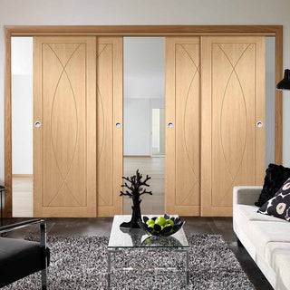 Image: Bespoke Thruslide Pesaro Oak Flush - 4 Sliding Doors and Frame Kit - Prefinished