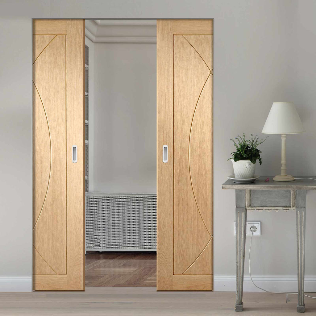 Pesaro Oak Flush Panel Absolute Evokit Double Pocket Door - Prefinished