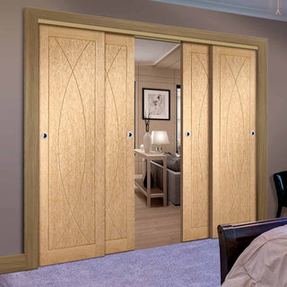 Image: Bespoke Thruslide Pesaro Oak Flush - 4 Sliding Doors and Frame Kit