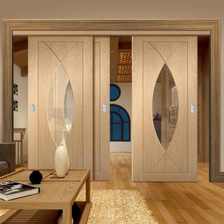 Image: Bespoke Thruslide Pesaro Oak Glazed - 3 Sliding Doors and Frame Kit