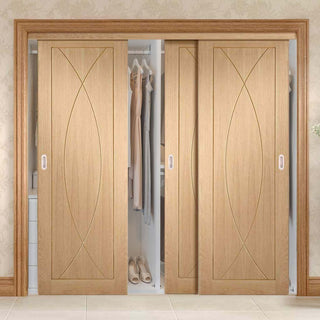 Image: Bespoke Thruslide Pesaro Oak Flush 3 Door Wardrobe and Frame Kit - Prefinished