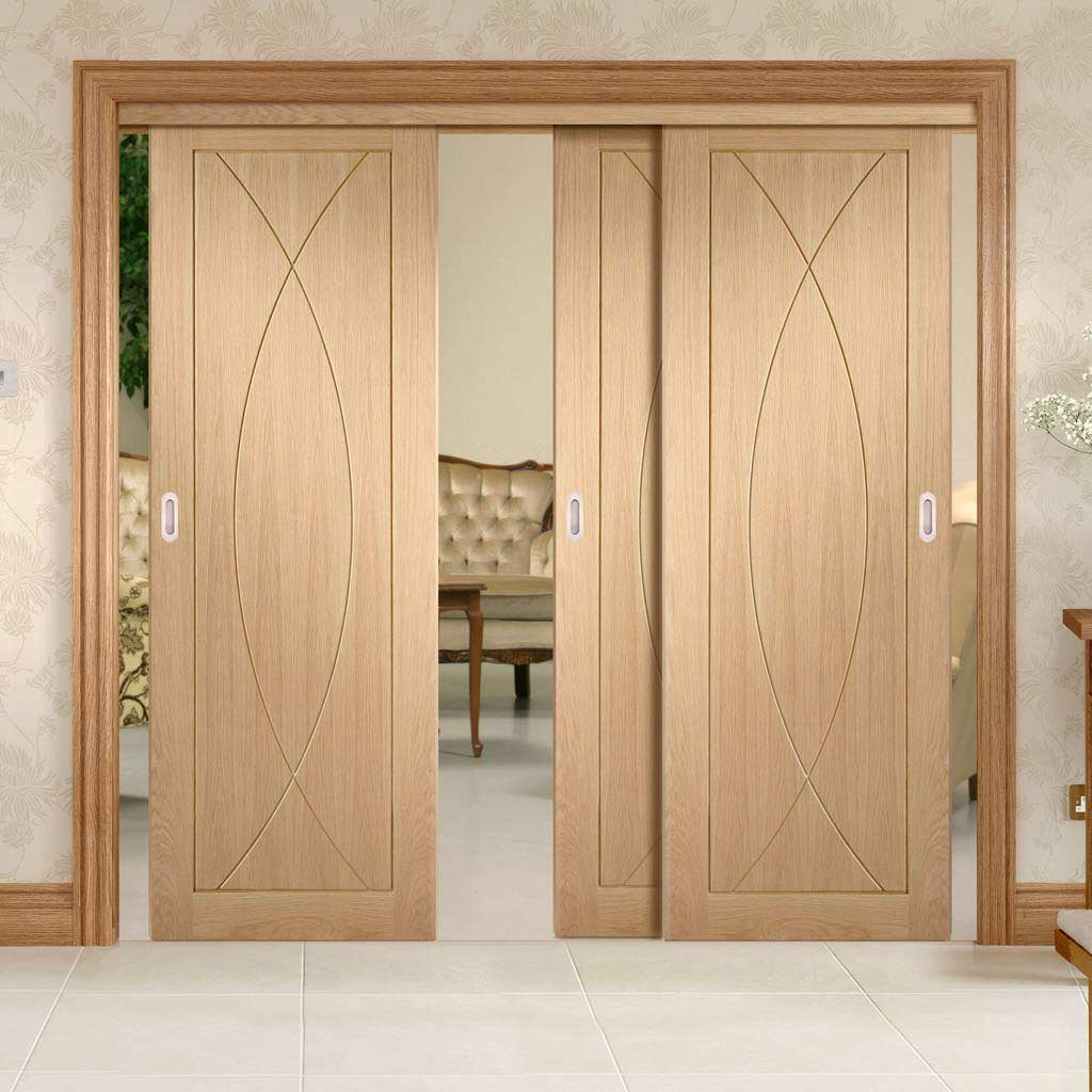 Bespoke Thruslide Pesaro Oak Flush - 3 Sliding Doors and Frame Kit - Prefinished