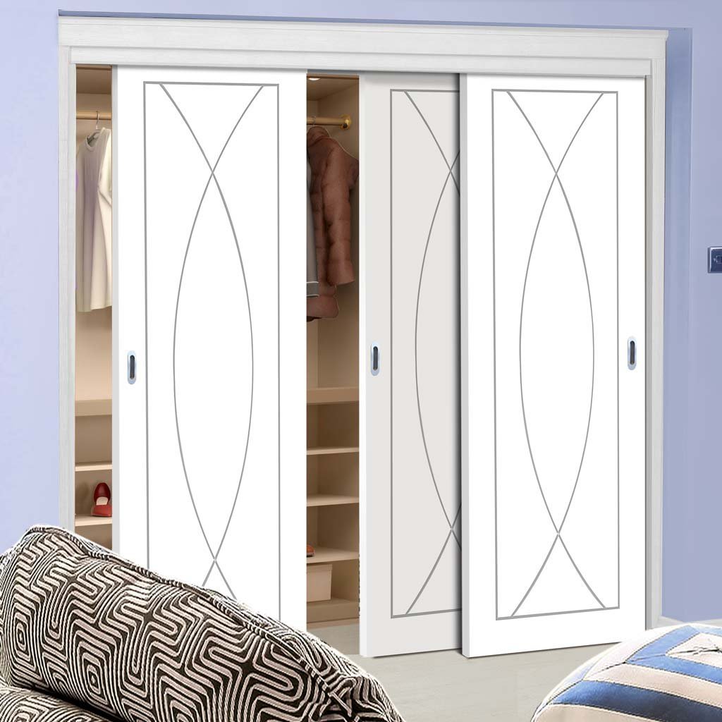 Minimalist Wardrobe Door & Frame Kit - Three Pesaro Flush Doors - White Primed