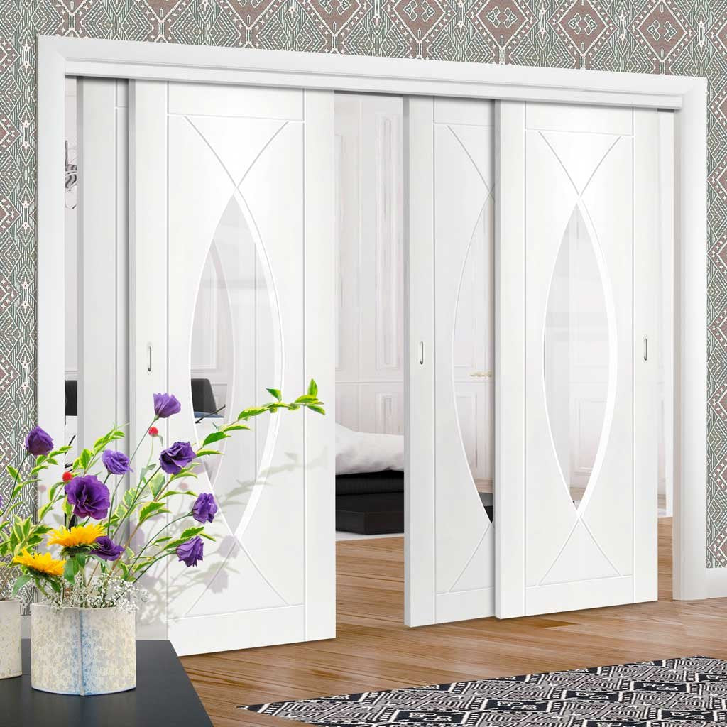 Bespoke Thruslide Pesaro Glazed - 4 Sliding Doors and Frame Kit - White Primed