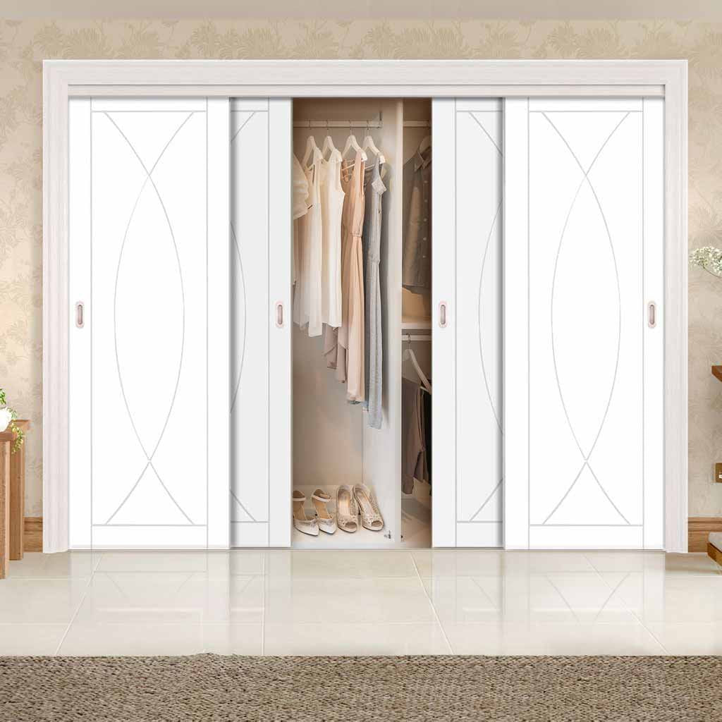 Four Sliding Wardrobe Doors & Frame Kit - Pesaro Flush Door - White Primed