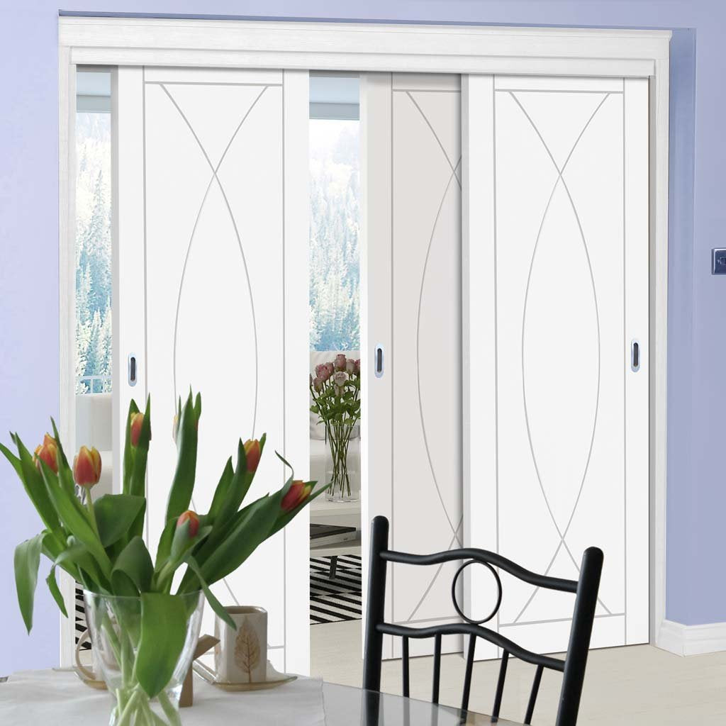 Three Sliding Doors and Frame Kit - Pesaro Flush Door - White Primed