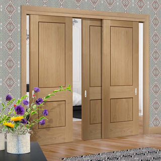 Image: Bespoke Thruslide Piacenza Oak 2 Panel Flush - 3 Sliding Doors and Frame Kit - Groove Design