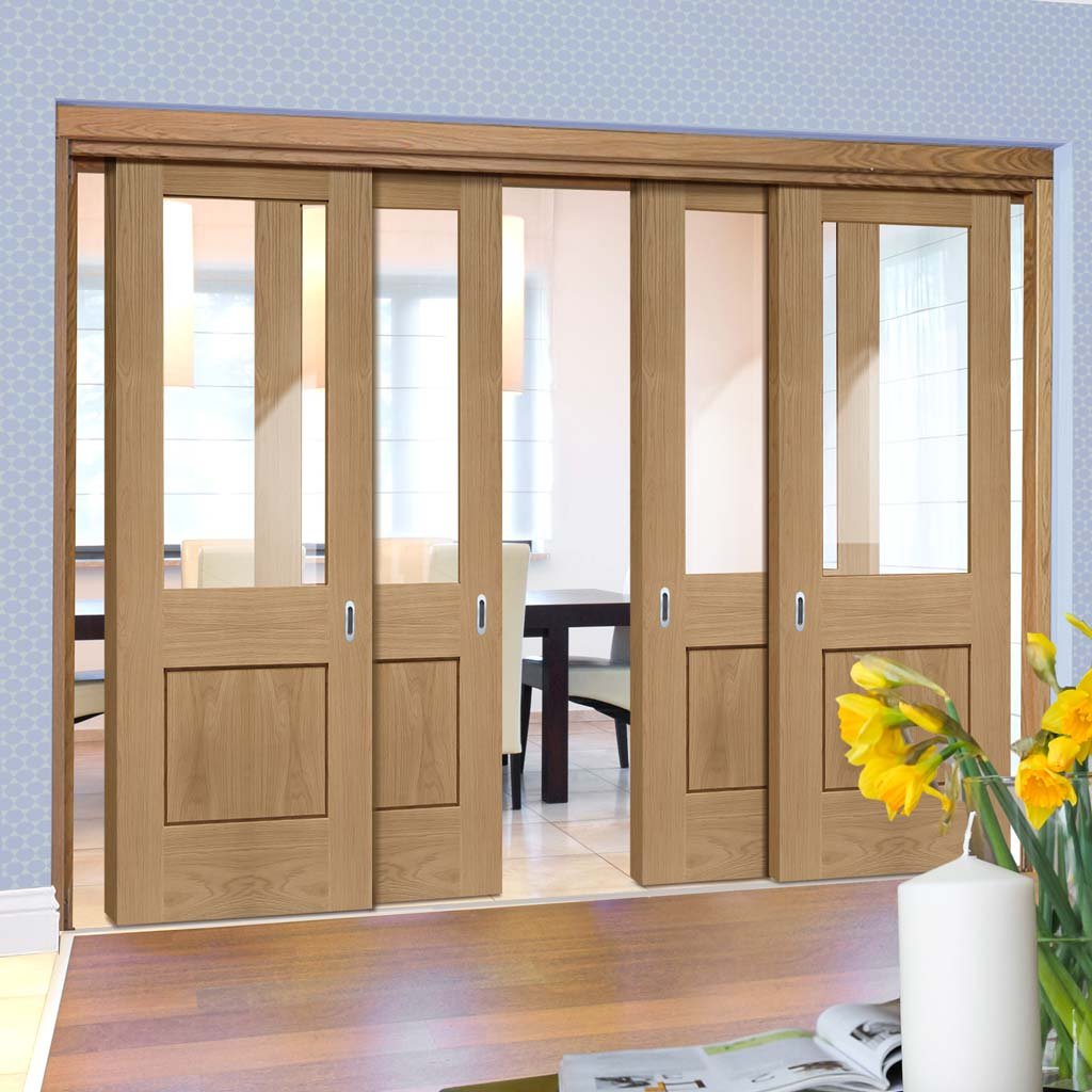 Bespoke Thruslide Piacenza Oak 1 Panel Glazed - 4 Sliding Doors and Frame Kit - Groove Design