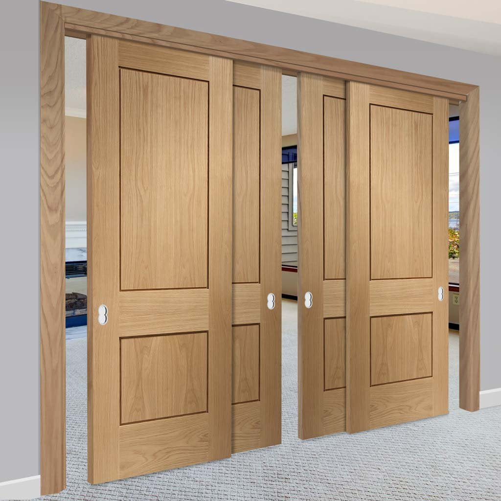 Bespoke Thruslide Piacenza Oak 2 Panel Flush - 4 Sliding Doors and Frame Kit - Groove Design