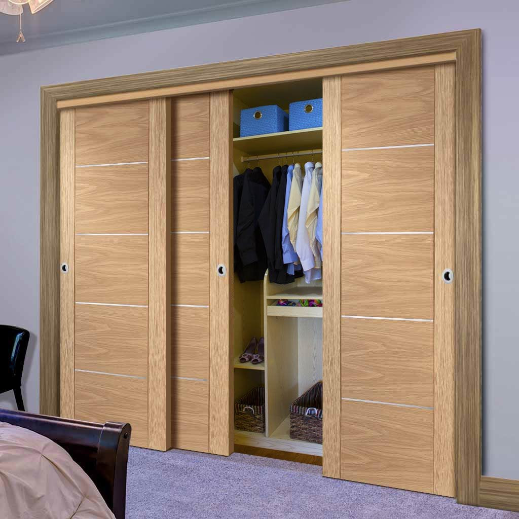 Three Sliding Wardrobe Doors & Frame Kit - Portici Oak Flush Door - Aluminium Inlay - Prefinished