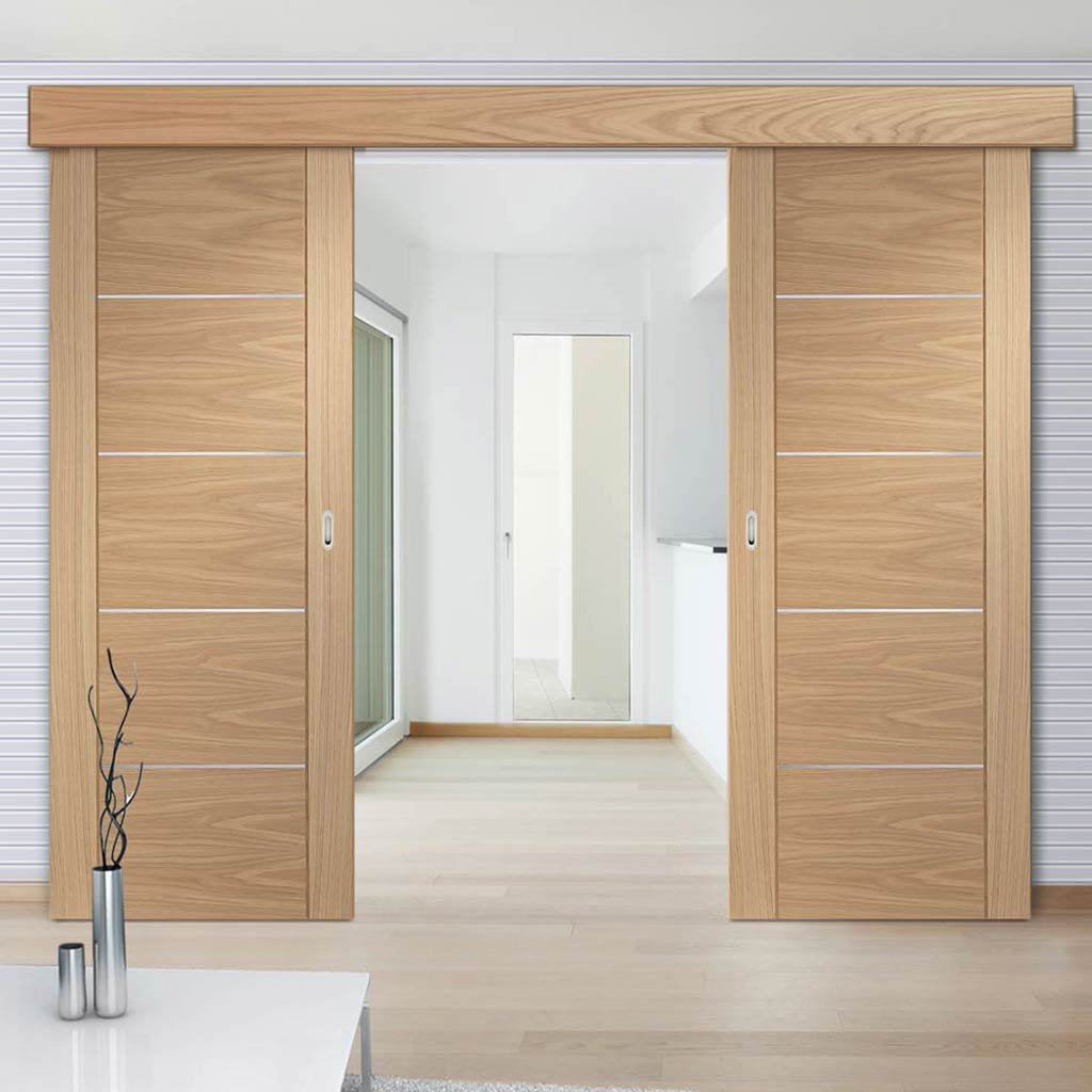 Bespoke Thruslide Surface Portici Oak Flush - Sliding Double Door and Track Kit - Aluminium Inlay - Prefinished