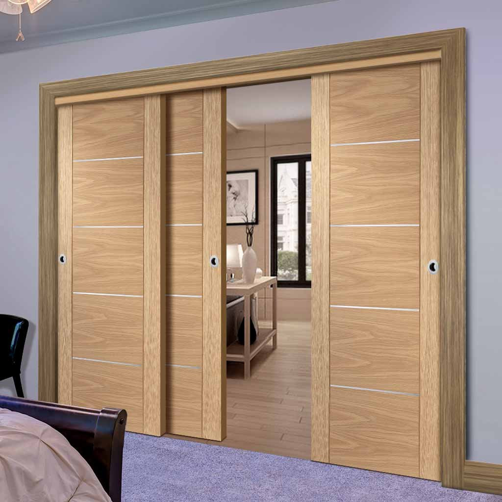 Bespoke Thruslide Portici Oak Flush - 3 Sliding Doors and Frame Kit - Aluminium Inlay - Prefinished